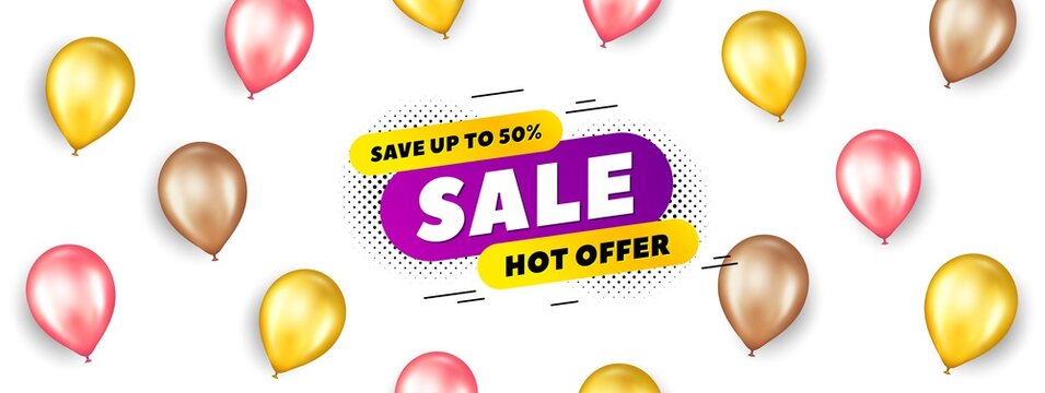 Sale 30 percent off banner. Promotion ad banner with 3d balloons. Discount sticker shape. Hot offer icon. Isolated party balloons background. Sale label. Vector