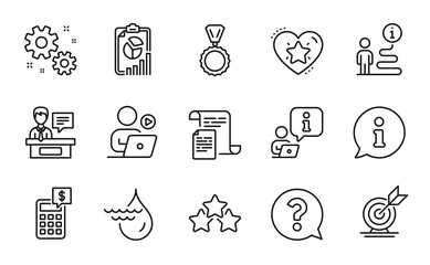 Education icons set. Included icon as Hydroelectricity, Calculator, Question mark signs. Documents, Ranking star, Report symbols. Work, Target goal, Medal. Ranking stars, Video conference. Vector