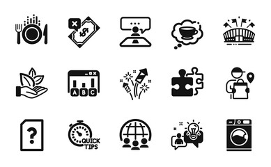 Vector set of Organic product, Fireworks rocket and Unknown file icons simple set. Food, Survey results and Interview job icons. Washing machine, Delivery man and Puzzle signs. Vector