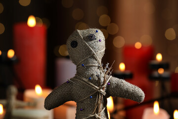 Voodoo doll with pins and dried flowers in dark room, closeup. Curse ceremony