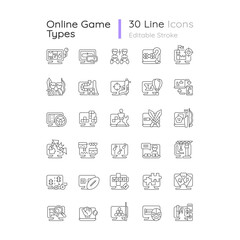 Online game types linear icons set. Adventure gameplay. Exciting action gameplay. Customizable thin line contour symbols. Isolated vector outline illustrations. Editable stroke