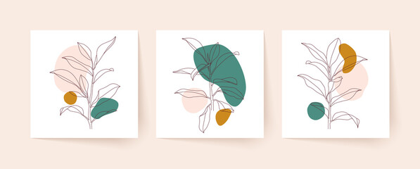 Line drawing of tropical plants with abstract organic shapes. Modern single line art. Vector illustration.