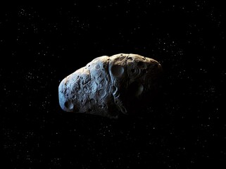 Rocky asteroid in space with stars. Asteroid isolated on a black background. Meteorite with impact...