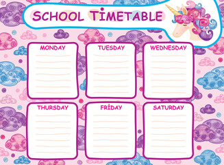 Vector template school timetable,  colorful unicorn and clouds cartoons design.