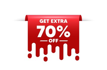 Get Extra 70 percent off Sale. Red ribbon tag banner. Discount offer price sign. Special offer symbol. Save 70 percentages. Extra discount sticker ribbon badge banner. Red sale label. Vector