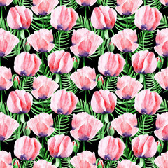 Poppy flowers. Illustration of a seamless pattern drawn by hands on a black background. Petals, leaves, branches are shaded with a watercolor. Design for fabric, wallpaper, textile, paper, card.