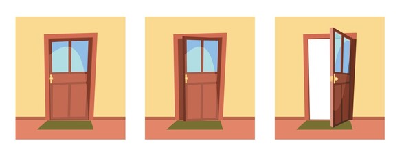 Set of doors. Open, half ajar and locked. From inside of room at home. Yellow wall. Way is open. Cartoon style. Vector