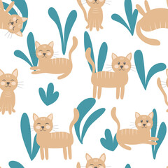 Cat and leaves, seamless pattern vector illustration. Sandy cats in different poses. Cute pets in the grass and leaves. Baby background for packaging, fabric, textile or wallpaper.