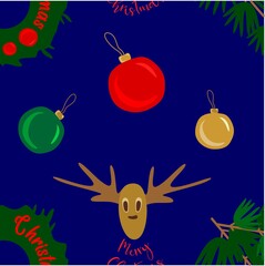 Seamless pattern. Christmas seamless pattern. New Year and Christmas. The holiday is in December. A fir branch and Christmas tree toys. A deer and a wreath of spruce.