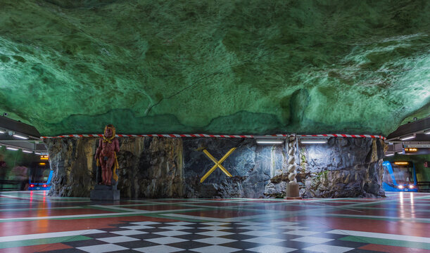 Stockholm, Sweden - August 19, 2018: A picture of the artistic Kungstr&auml;dg&aring;rden subway station.