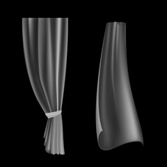Transparent drapery. Waved curtain. Realistic flowing lightweight cloth. Interior decoration template. White drapes. Window cover. Isolated hanging silk fabric. Vector illustration