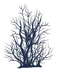 Bare tree without leaves. Dark silhouette. Gloomy. Dense crown with many small branches. Or close-up of bush. Winter or autumn season. Isolated on white background. Vector art.