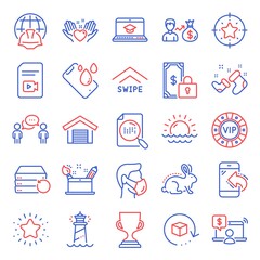 Line icons set. Included icon as Star target, Award cup, Private payment signs. Sunset, Twinkle star, Creativity concept symbols. Incoming call, Video file, Online shopping. Search file. Vector