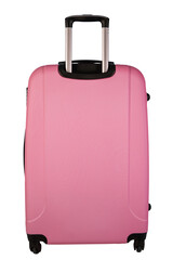 Travel pink suitcase isolated on white background .