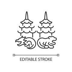 Naklejka premium Dragon and tiger pagodas linear icon. Asian traditional architecture. Thin line customizable illustration. Contour symbol. Vector isolated outline drawing. Editable stroke