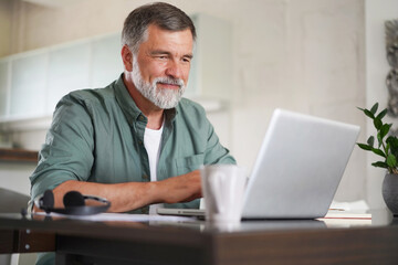 Handsome mature man in casual suit sitting at the table in home office and working at laptop - Powered by Adobe