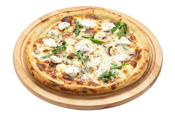 Delicious pizza with pineapple, chicken and cheese, served on a wooden plate isolated on a white background. Concept for advertising flyer and poster for restaurants or pizzerias.