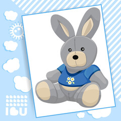 A cute cartoon gray plush hare in a blue t-shirt sits. Plush toy. Postcard with abstract creative minimalistic composition. Vector illustration
