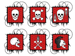 Skulls and bones on a brick wall background. Stylized logo, sign. Vector
