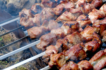 Shish kebabs meat on skewers are fried on the grill with smoke. Fried meat close-up. Outdoor picnic.