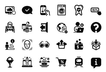 Vector Set of Business icons related to Dental insurance, Train and Scroll down icons. Usa close borders, Recovery cloud and Send box signs. Face detection, Sunglasses and Sign out. Vector