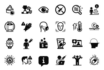 Vector Set of Healthcare icons related to Collagen skin, Cardio training and High thermometer icons. Sun cream, Coronavirus and Use gloves signs. Dumbbells workout, Medical mask and Cough. Vector
