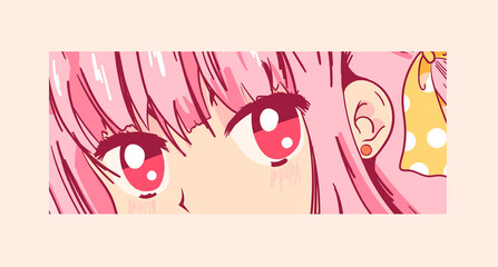 Cute anime girl with pink hair and eyes. Japanese art. Vector illustration