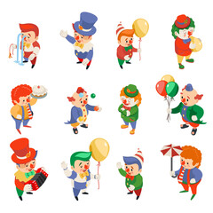 Isometric clowns characters circus party fun carnival funny icons set isolated flat 3d design vector illustration