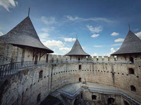 Soroca Fortress view from inside. Ancient military fort, historical landmark located in Moldova. Old stone walls fortifications, towers and bastions of medieval citadel