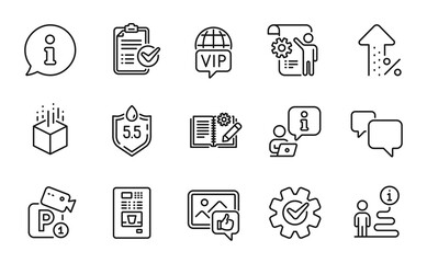 Technology icons set. Included icon as Speech bubble, Increasing percent, Vip internet signs. Survey checklist, Parking security, Cogwheel symbols. Settings blueprint, Coffee vending. Vector