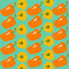 Seamless pattern of different variation colour of bell peppers on the green background. Vegetables pattern, Vegetarian Organic  food pattern
