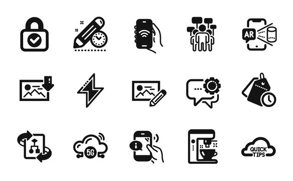 Vector set of Technical algorithm, Project deadline and Internet app icons simple set. Security lock, Energy and Augmented reality icons. Technical algorithm simple web symbol. Vector