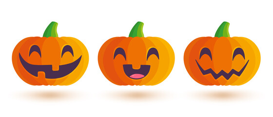 Vector set icons of pumpkin for Halloween in kawaii style.
