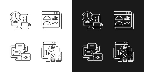 Work tracking linear icons set for dark and light mode. Coffee, lunch break for employee.Work monitoring tools. Customizable thin line symbols. Isolated vector outline illustrations. Editable stroke