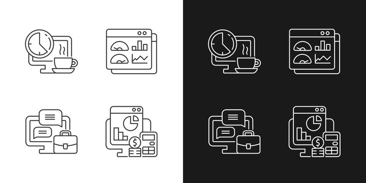 Work tracking linear icons set for dark and light mode. Coffee, lunch break for employee.Work monitoring tools. Customizable thin line symbols. Isolated vector outline illustrations. Editable stroke