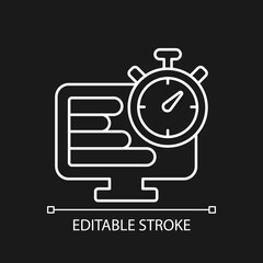 Time tracker white linear icon for dark theme. Performance assessment on project. Thin line customizable illustration. Isolated vector contour symbol for night mode. Editable stroke