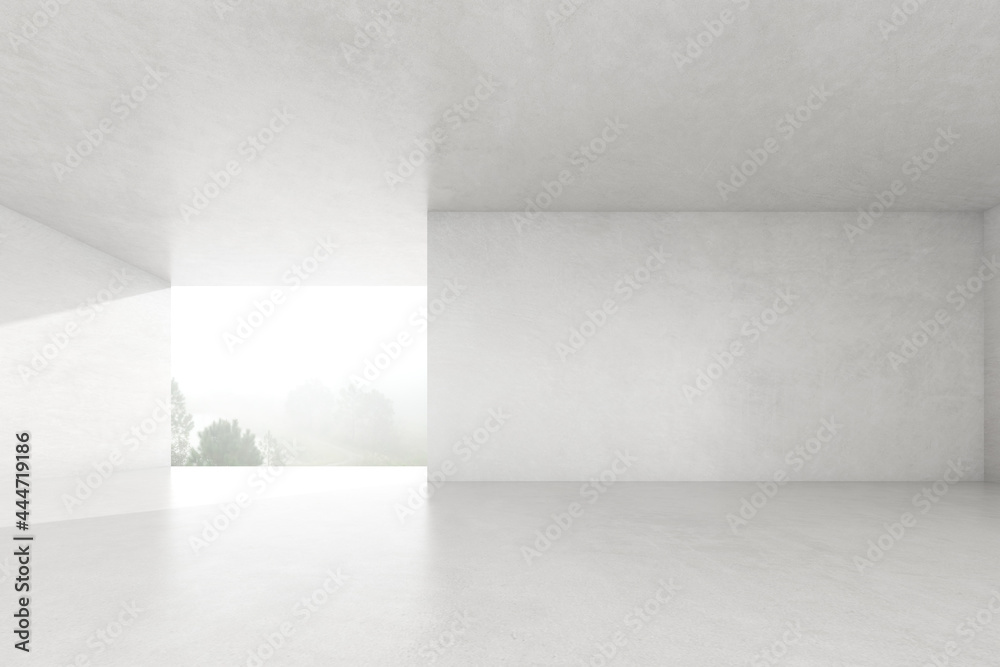 Poster 3d render of empty concrete room with large structure on white background.