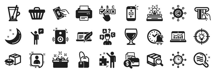 Set of simple icons, such as Strategy, Pay money, Idea icons. Speakers, Mail, Wine glass signs. Present box, Moon stars, Printer. Web analytics, Tea bag, Tea mug. Copyright laptop, Agent. Vector