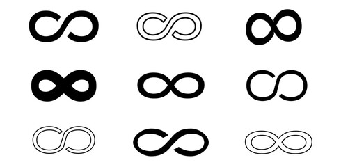 Infinity icon. Loop sign. Repetition of the logo. Infinity. Set of nine icons on an isolated background. Vector illustration.