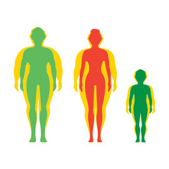Weight loss concept. The influence of diet on the weight of the person. Man and woman before and after diet and fitness. 