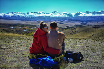 couple autumn altai lovers mountains, active adventures, travel happy tourism