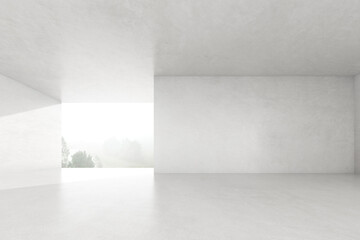 3d render of empty concrete room with large structure on white background.