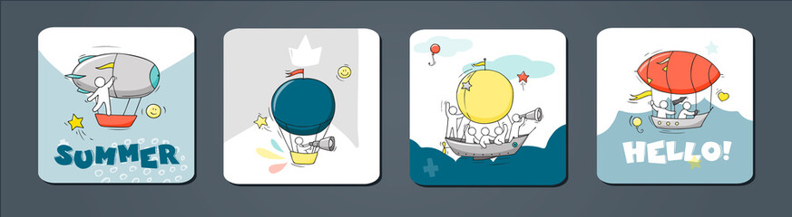 Summer vector cards set with hot air balloons