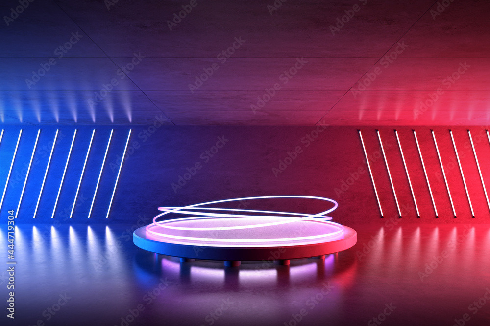 Poster 3d rendering of futuristic glowing neon lights in concrete room, sci-fi space with round podium, fut