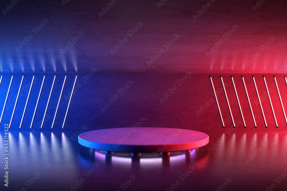 Poster 3d rendering of futuristic glowing neon lights in concrete room, sci-fi space with round podium, fut