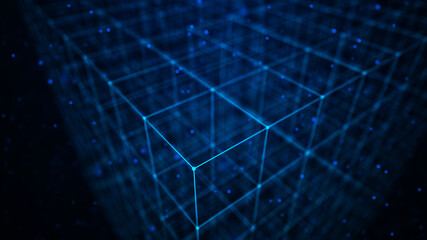 Digital blockchain concept and data transfer system. Abstract wireframe background whith connection dots and lines. Storage cells of datas. 3d rendering.