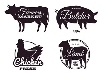 Butchery shop labels with domestic animals silhouettes. Meat store emblems design template. Selling beef and pork, chicken and lamb products. Vector farmers food market black banners set