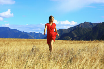 girl in the field mountains dress freedom, eco friendly, summer landscape active rest