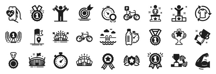 Set of Sports icons, such as Best result, Winner, Fitness water icons. Arena, Success, Arena stadium signs. Flag, Laureate, Winner cup. Swimming pool, Dumbbell, Best rank. Reward, Timer. Vector
