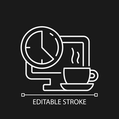 Breaks in work graphic white linear icon for dark theme. Time for rest on workplace in office. Thin line customizable illustration. Isolated vector contour symbol for night mode. Editable stroke